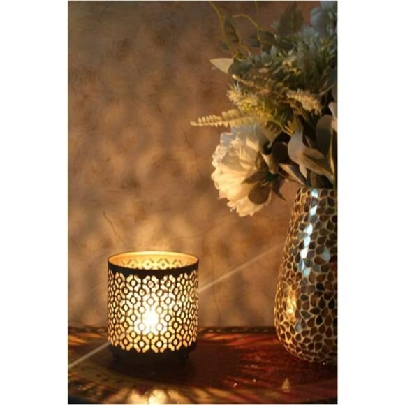 Black Metal Candle Holder Lantern Gold Interior Tealight Votive Home Decor - Picture 2 of 6